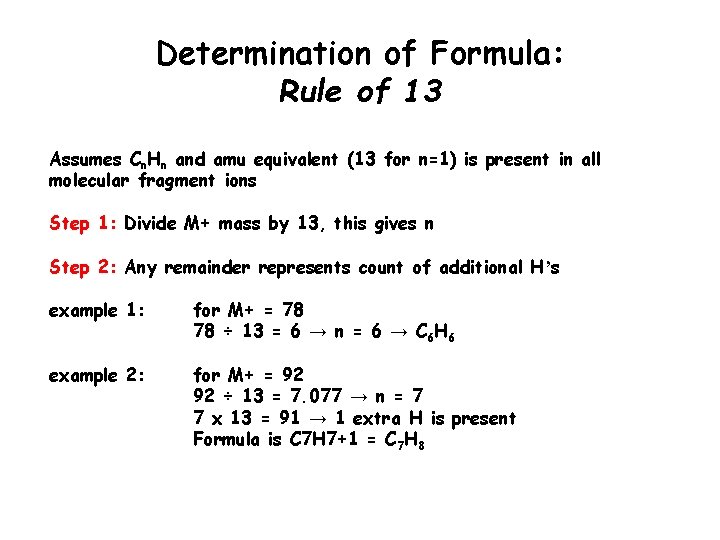 Determination of Formula: Rule of 13 Assumes Cn. Hn and amu equivalent (13 for