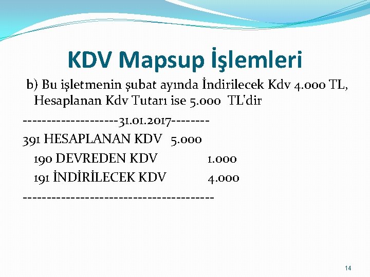 KDV Mapsup İşlemleri b) Bu işletmenin şubat ayında İndirilecek Kdv 4. 000 TL, Hesaplanan