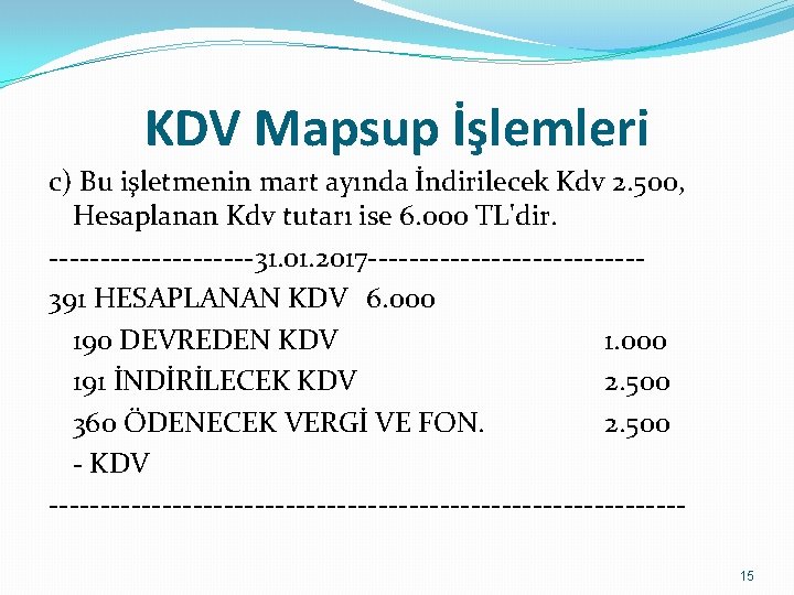 KDV Mapsup İşlemleri c) Bu işletmenin mart ayında İndirilecek Kdv 2. 500, Hesaplanan Kdv