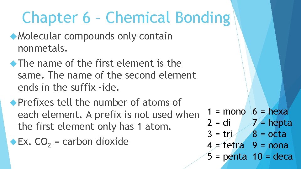 Chapter 6 – Chemical Bonding Molecular compounds only contain nonmetals. The name of the