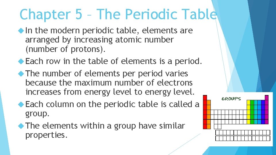 Chapter 5 – The Periodic Table In the modern periodic table, elements are arranged