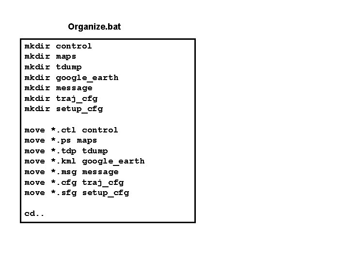 Organize. bat mkdir mkdir move move cd. . control maps tdump google_earth message traj_cfg