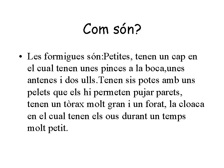 Com són? • Les formigues són: Petites, tenen un cap en el cual tenen