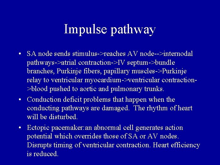 Impulse pathway • SA node sends stimulus->reaches AV node-->internodal pathways->atrial contraction->IV septum->bundle branches, Purkinje