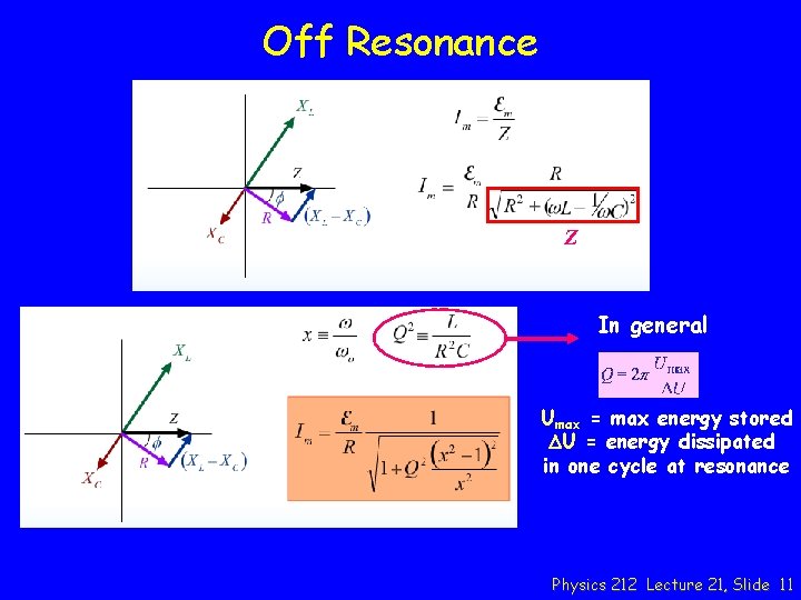 Off Resonance Z In general Umax = max energy stored DU = energy dissipated