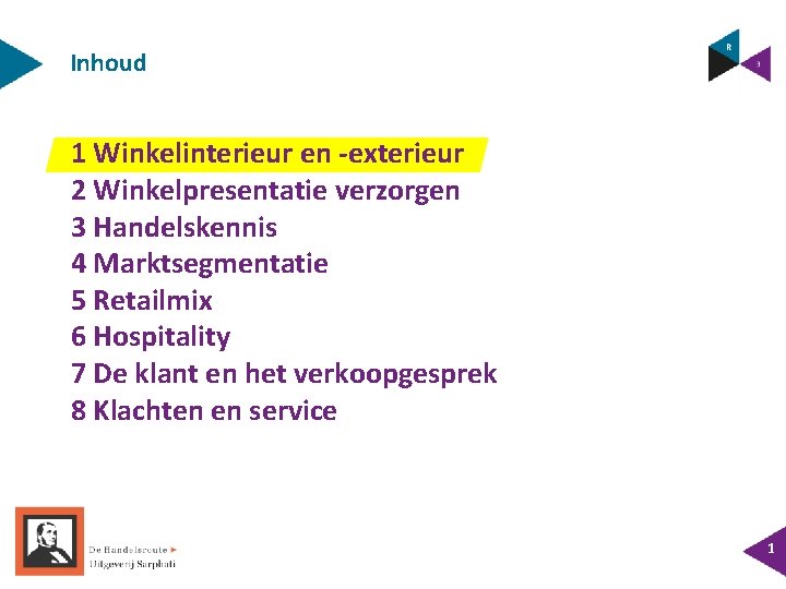 Inhoud 1 Winkelinterieur en -exterieur 2 Winkelpresentatie verzorgen 3 Handelskennis 4 Marktsegmentatie 5 Retailmix