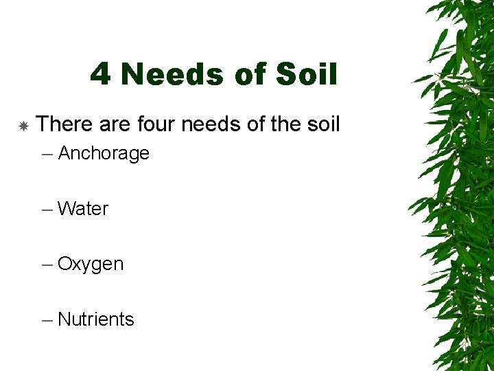 4 Needs of Soil There are four needs of the soil – Anchorage –