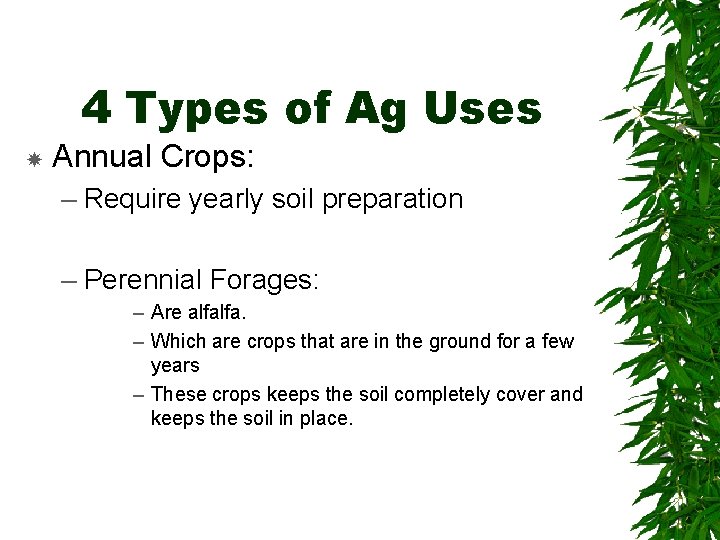 4 Types of Ag Uses Annual Crops: – Require yearly soil preparation – Perennial