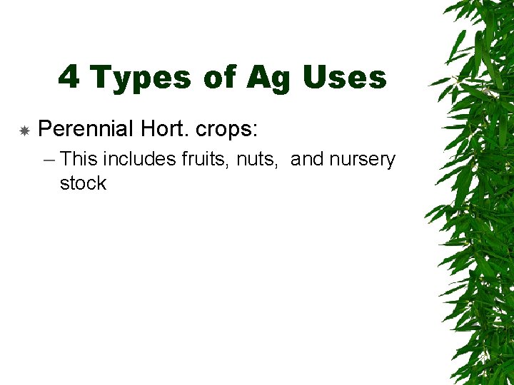 4 Types of Ag Uses Perennial Hort. crops: – This includes fruits, nuts, and