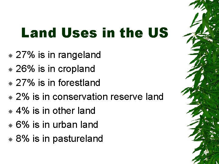 Land Uses in the US 27% is in rangeland 26% is in cropland 27%