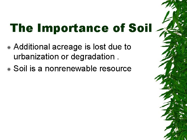 The Importance of Soil Additional acreage is lost due to urbanization or degradation. Soil