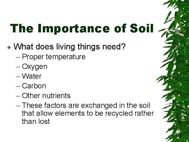 The Importance of Soil What does living things need? – Proper temperature – Oxygen