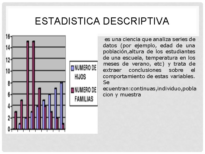 ESTADISTICA DESCRIPTIVA es una ciencia que analiza series de datos (por ejemplo, edad de