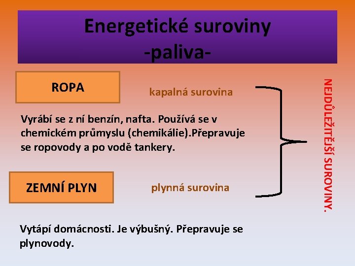 Energetické suroviny -palivakapalná surovina Vyrábí se z ní benzín, nafta. Používá se v chemickém