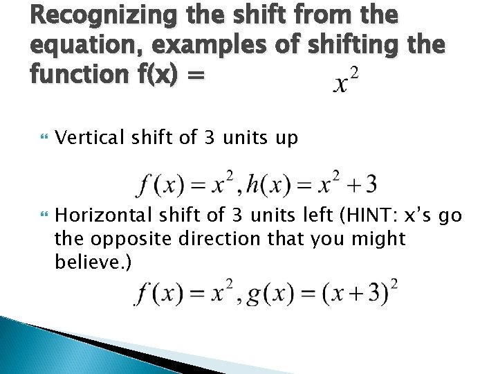 Recognizing the shift from the equation, examples of shifting the function f(x) = Vertical