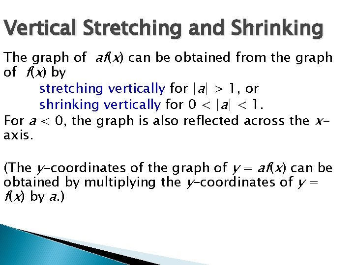 Vertical Stretching and Shrinking The graph of af(x) can be obtained from the graph