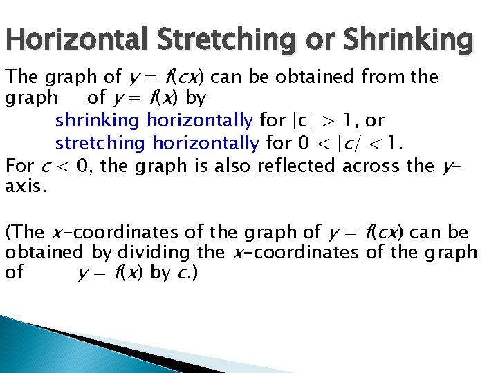 Horizontal Stretching or Shrinking The graph of y = f(cx) can be obtained from