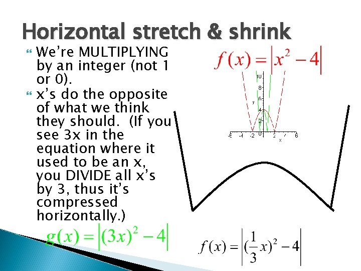Horizontal stretch & shrink We’re MULTIPLYING by an integer (not 1 or 0). x’s