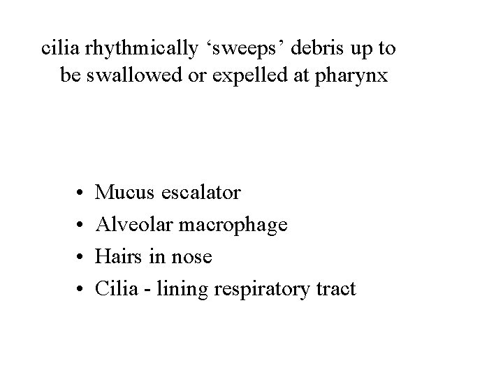 cilia rhythmically ‘sweeps’ debris up to be swallowed or expelled at pharynx • •