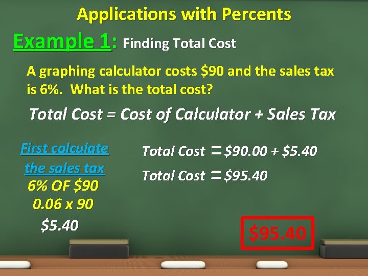 Applications with Percents Example 1: Finding Total Cost A graphing calculator costs $90 and