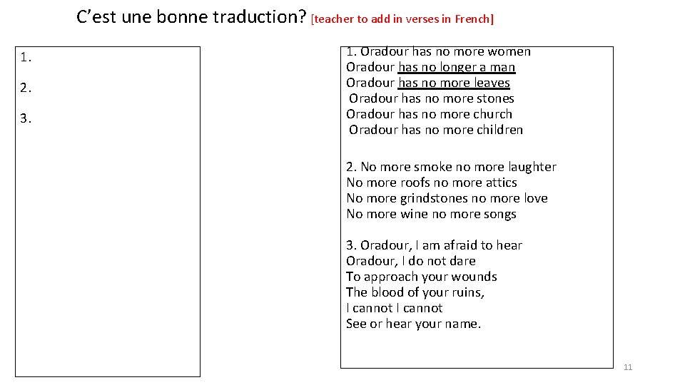 C’est une bonne traduction? [teacher to add in verses in French] 1. 2. 3.