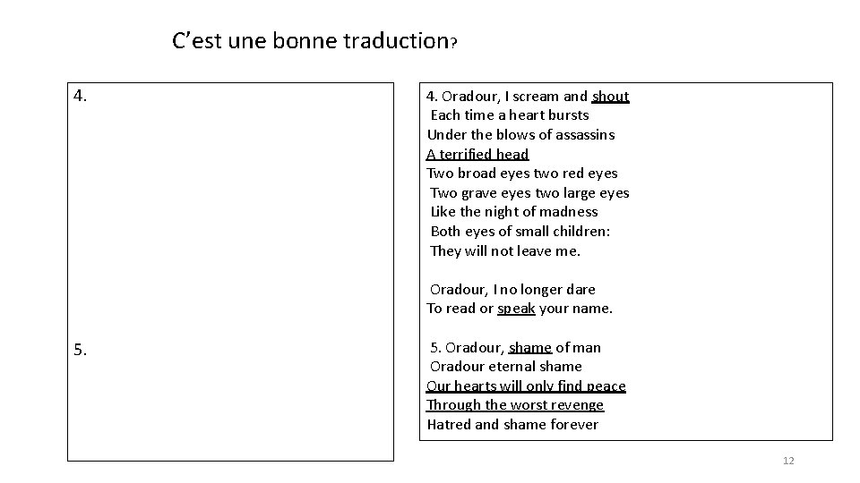 C’est une bonne traduction? 4. Oradour, I scream and shout Each time a heart