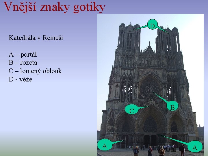 Vnější znaky gotiky D Katedrála v Remeši A – portál B – rozeta C