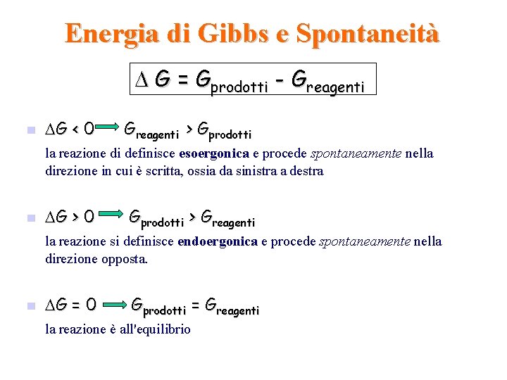 Energia di Gibbs e Spontaneità G = Gprodotti - Greagenti n G < 0