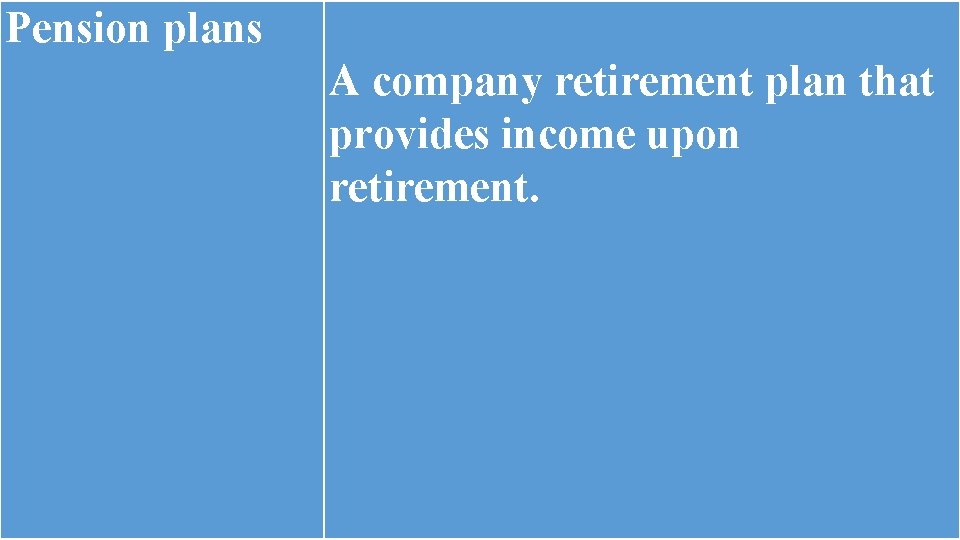 Pension plans A company retirement plan that provides income upon retirement. Pension plans A company retirement plan that provides income upon retirement.