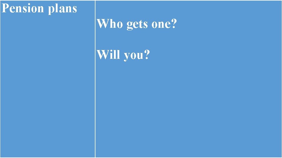 Pension plans Who gets one? Will you? Pension plans Who gets one? Will you?