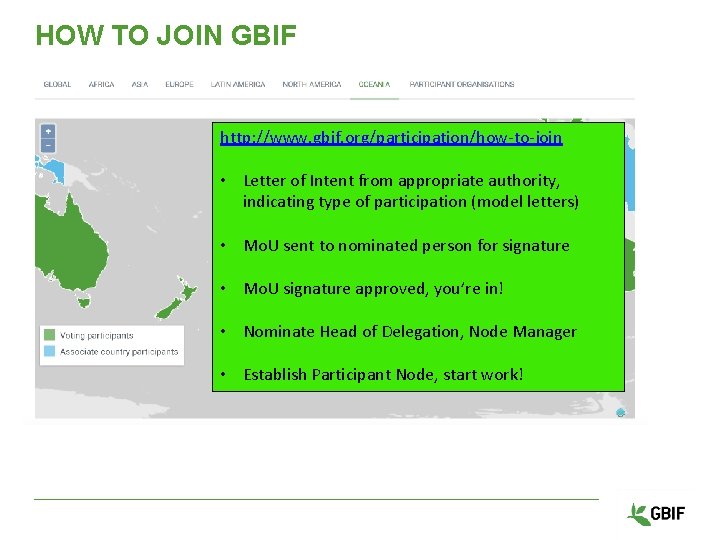 HOW TO JOIN GBIF http: //www. gbif. org/participation/how-to-join • Letter of Intent from appropriate