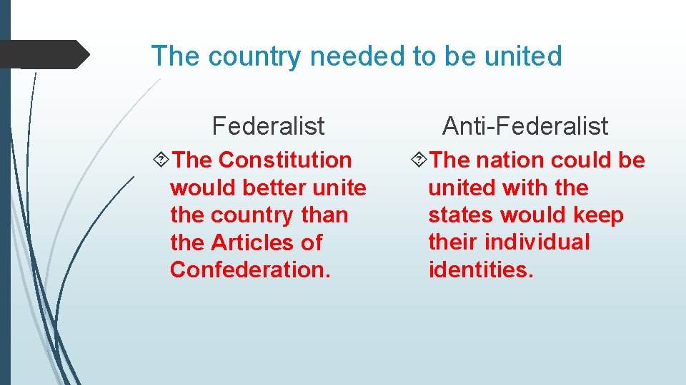 The country needed to be united Federalist The Constitution would better unite the country