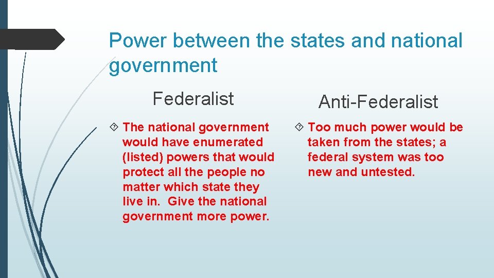 Power between the states and national government Federalist Anti-Federalist The national government would have