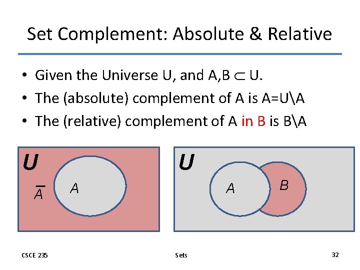 Set Complement: Absolute & Relative • Given the Universe U, and A, B U. Set Complement: Absolute & Relative • Given the Universe U, and A, B U.