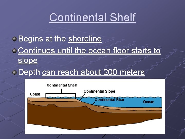 Continental Shelf Begins at the shoreline Continues until the ocean floor starts to slope