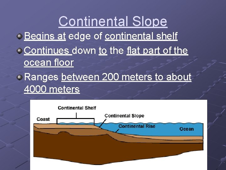 Continental Slope Begins at edge of continental shelf Continues down to the flat part