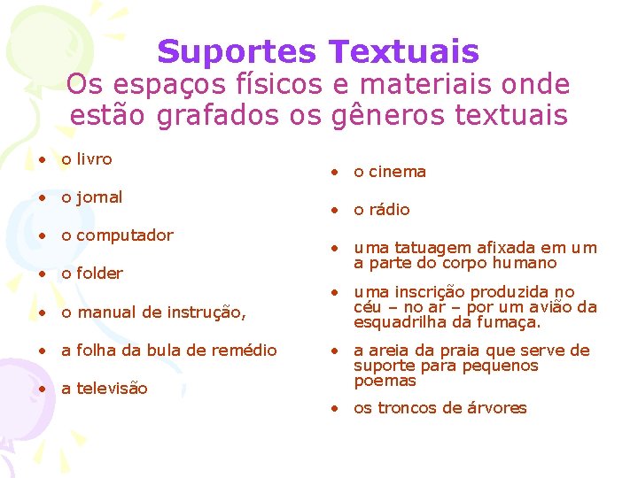 Suportes Textuais Os espaços físicos e materiais onde estão grafados os gêneros textuais •