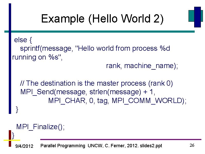 Example (Hello World 2) else { sprintf(message, "Hello world from process %d running on