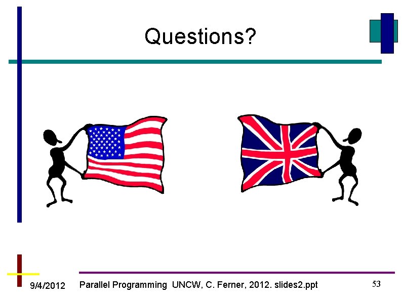 Questions? 9/4/2012 Parallel Programming UNCW, C. Ferner, 2012. slides 2. ppt 53 