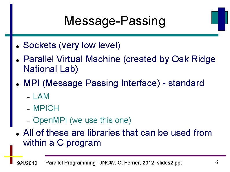 Message-Passing Sockets (very low level) Parallel Virtual Machine (created by Oak Ridge National Lab)
