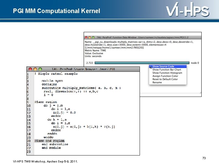 PGI MM Computational Kernel 73 VI-HPS TW 8 Workshop, Aachen Sep 5 -9, 2011.