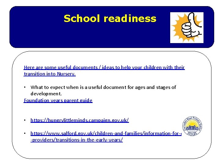 School readiness Here are some useful documents / ideas to help your children with