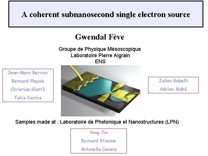 A coherent subnanosecond single electron source Gwendal Fève Groupe de Physique Mésoscopique Laboratoire Pierre