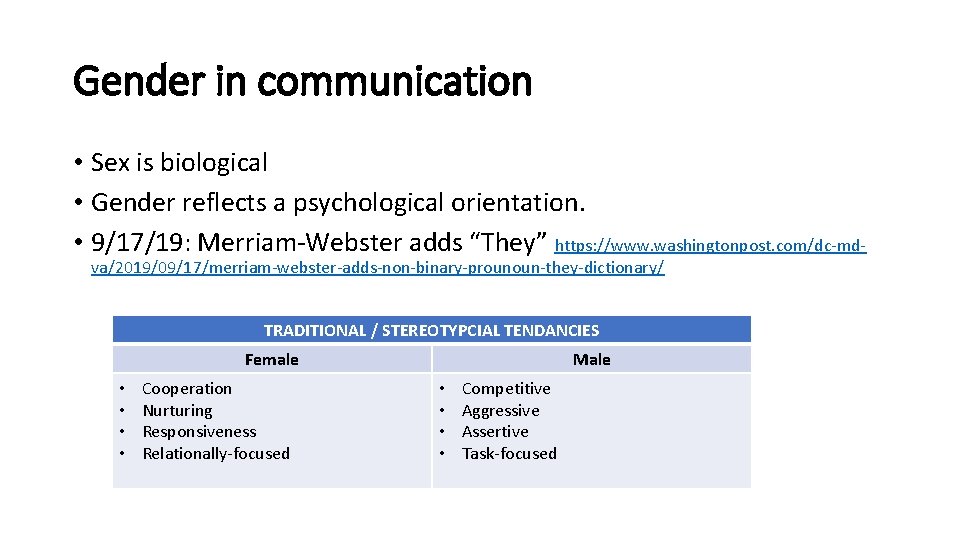Gender in communication • Sex is biological • Gender reflects a psychological orientation. • Gender in communication • Sex is biological • Gender reflects a psychological orientation. •