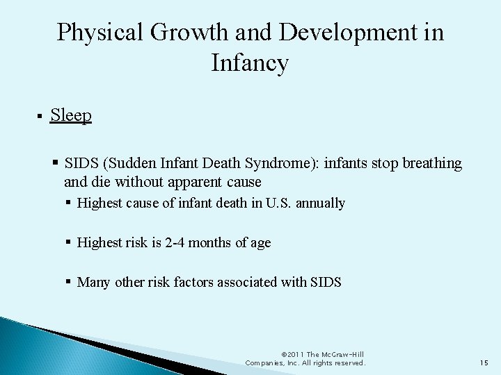 Physical Growth and Development in Infancy Sleep SIDS (Sudden Infant Death Syndrome): infants stop