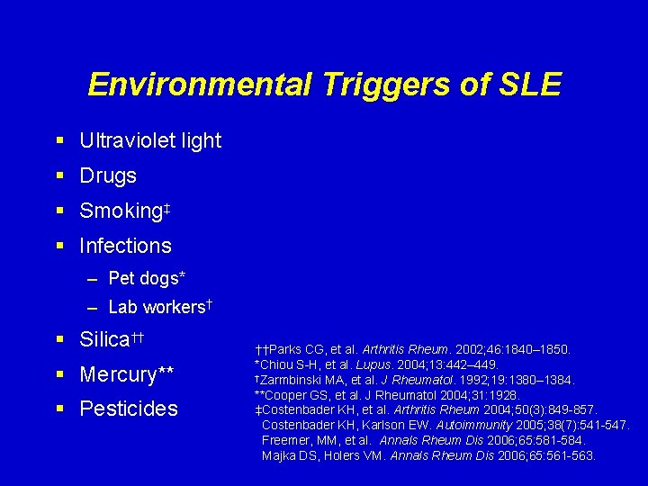 Environmental Triggers of SLE § Ultraviolet light § Drugs § Smoking‡ § Infections –