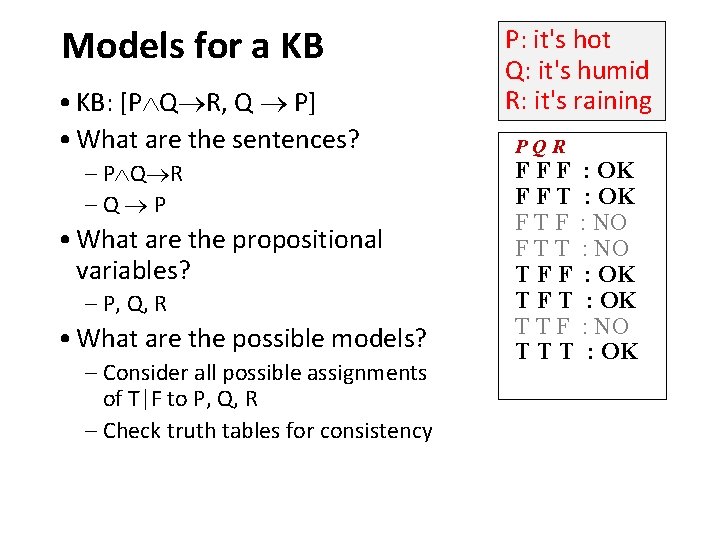 Models for a KB • KB: [P Q R, Q P] • What are