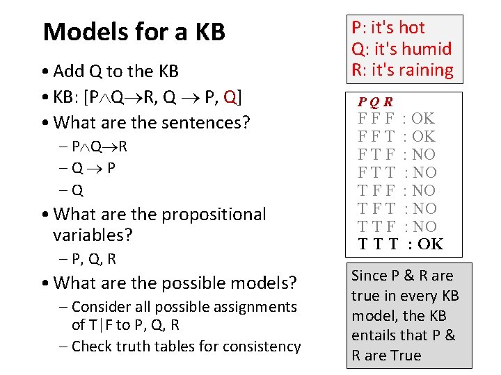 Models for a KB • Add Q to the KB • KB: [P Q