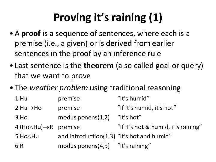 Proving it’s raining (1) • A proof is a sequence of sentences, where each