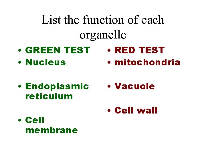List the function of each organelle • GREEN TEST • Nucleus • RED TEST